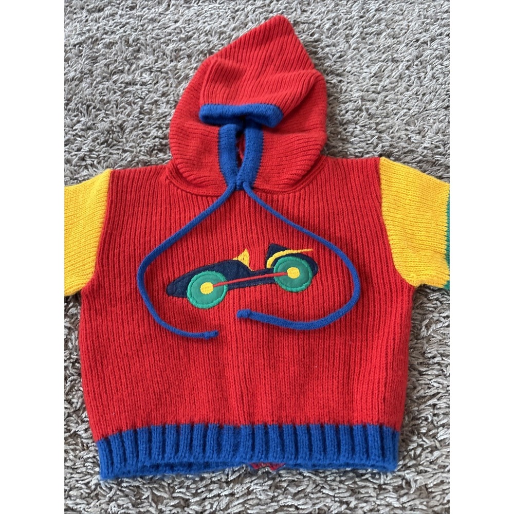 Vintage 80s Health Tex Kids Red Sweater Color Block 12 Mos Car Toddler - Picture 2 of 5